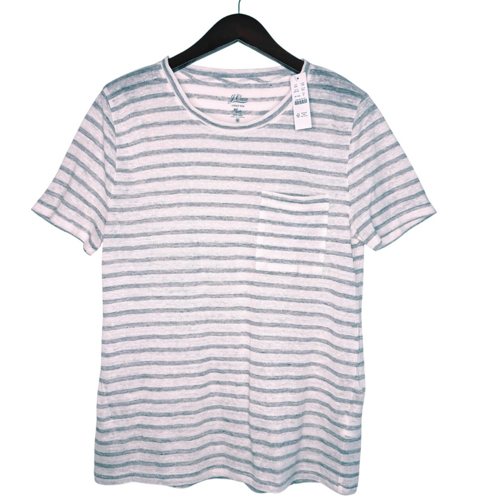 J. CREW NWT Pocket Striped Linen Tee Top Size Medium in Gray Stripe